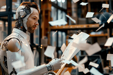 Photo of an AI robot helping and speaking to a young business man in an office, holding documents with some papers flying around