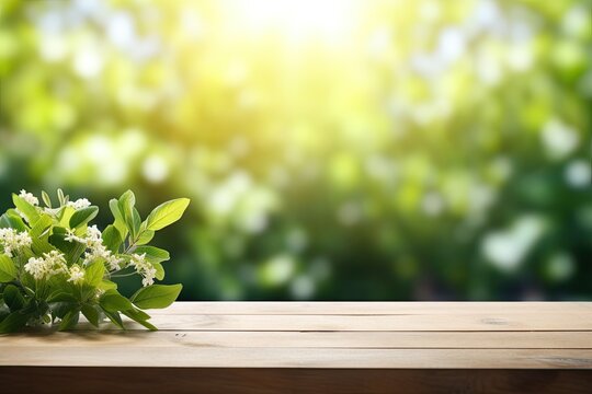 Spring Flowers, Leaves, and Plants on Wooden Table Against Green Blur Bokeh Background
