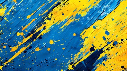 Ukrainian themed grunge yellow and blue ink splatter brushes for artistic design with red spots - obrazy, fototapety, plakaty
