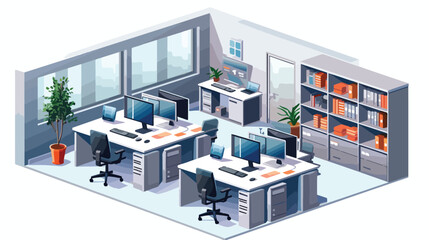 3D office interior work place computers tables 