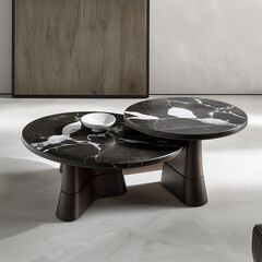 A black and white marble coffee table with an modern contemporary aesthetic , designed The top surface is a smooth, sleek with an organic silhouette . It has two legs made of dark wood