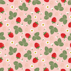 seamless pink strawberry pattern flowers - Vector illustration - 786516334