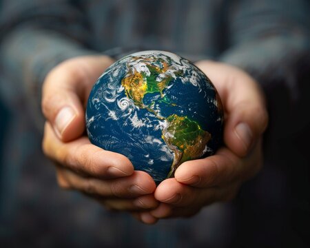 A photo of a person holding the Earth in their hands.