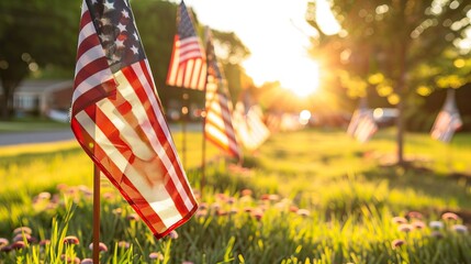 Field of American Flags Honoring Veterans on Memorial Day. In remember of military veteran and Happy memorial day Celebration
 - obrazy, fototapety, plakaty