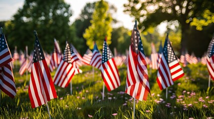 Field of American Flags Honoring Veterans on Memorial Day. In remember of military veteran and Happy memorial day Celebration
