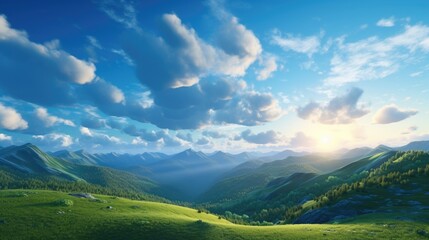 Dramatic Sunrise over Green Mountains. Morning Landscape with Blue Sky and Fluffy Clouds, Natural Background and Wallpaper
