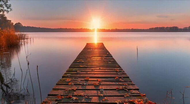 view of wooden pier on lake at sunset footage
