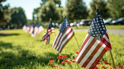 Field of American Flags Honoring Veterans on Memorial Day. In remember of military veteran and Happy memorial day Celebration
