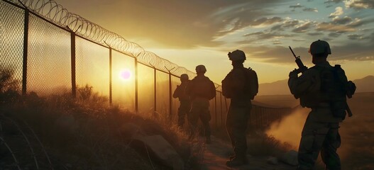 Silhouette four soldiers patrol US border fence immigration law, deport, illegal immigrant - obrazy, fototapety, plakaty
