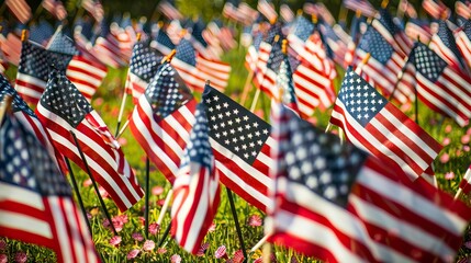 Field of American Flags Honoring Veterans on Memorial Day. In remember of military veteran and Happy memorial day Celebration
