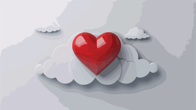 3D vector red shiny heart symbol and paper cut cloud