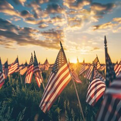 Field of American Flags Honoring Veterans on Memorial Day. In remember of military veteran and Happy memorial day Celebration
 - obrazy, fototapety, plakaty