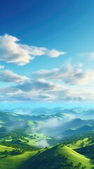 Dramatic Sunrise over Green Mountains. Morning Landscape with Blue Sky and Fluffy Clouds, Natural Background and Wallpaper