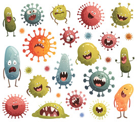 Cartoon virus isolated on transparent background. Set of cartoon style flat funny microbes, bacteria, cute microorganisms and germs elements for design. Concept illustration for children's hospitals.