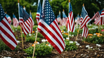 Field of American Flags Honoring Veterans on Memorial Day. In remember of military veteran and Happy memorial day Celebration
