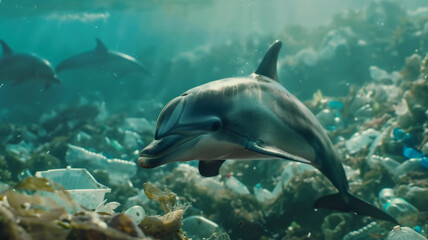 Fototapeta premium Dolphin swim with plastic waste , Enviromental problem .