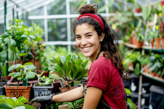 Photo of a happy Latin woman working in her garden center, taking care of plants and trees with tools for hands-on work at her small business