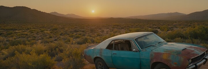 Fototapeta na wymiar Sunset Over Desert Landscape with Abandoned Vintage Car