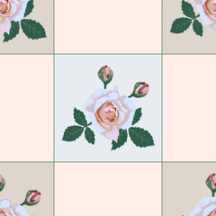 Vector floral pattern, seamless for kitchen tablecloth design, pink rose flowers on a checkered background in pastel colors