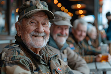 A cheerful group of military veterans celebrating remembrance and independence day at an outdoor cafe on a sunny day - obrazy, fototapety, plakaty