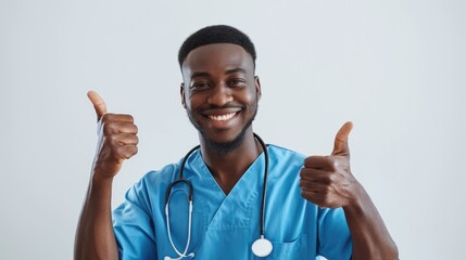 Successful African American male surgeon posing with thumbs up and smiling on white background