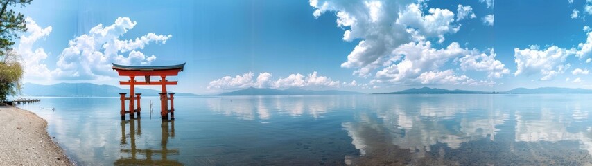 panoramic 32:9 red torii gate in the middle of the sea during the day