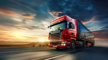 Truck drives down highway with the sun shining in the background.