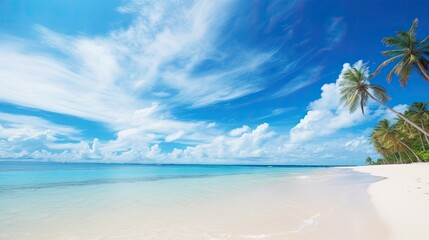 Beach with Palm Trees, Blue Sky, and White Clouds, Summer Vacation Paradise Landscape Wallpaper Background