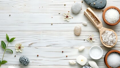 Spa Essentials. Massage Stones, Oils, Sea Salt on White Table
