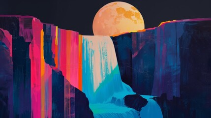 Minimalism, Rainbow waterfall, minimalist composition,soft color tones, moon,fluorescent lighting,mural,black background