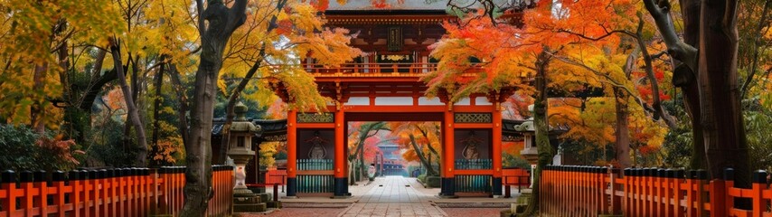 Fototapeta na wymiar 32:9 panoramic ancient Japanese temple by day in high resolution and quality