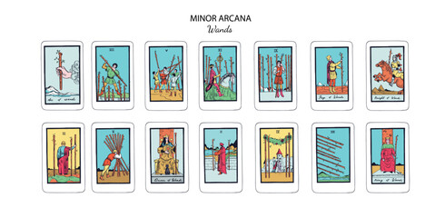 Tarot cards vector deck . Minor Arcana Wands set. Occult esoteric spiritual Tarot Ace, King, Queen, Knight, Page, Two through Ten signs. Isolated colored hand drawn illustrations


