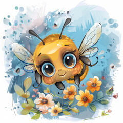 Cute cartoon bee flying with flowers (Generative Ai)