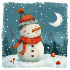 hand drawn cartoon cute snowman illustration in winter (Generative Ai)