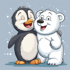 Cartoon penguin and polar bear friends, happy cartoon characters,(Generative Ai)