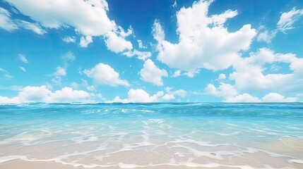 Obraz premium Beautiful Tropical Sea Beach with Blue Sky, White Clouds, and Reflection Summer Vacation Paradise Travel Landscape Wallpaper Background
