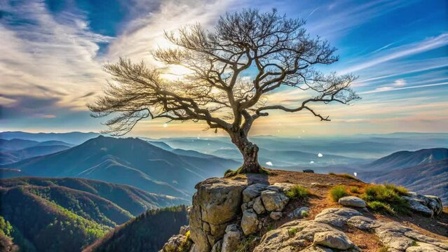 dry tree without leaves on the edge of a cliff with blue sky and shining sun