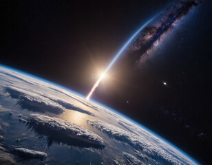 Rocket launch from the Earth planet through the clouds with a bright glow of the engine on the orbit and a bright blue nebula galaxy. 