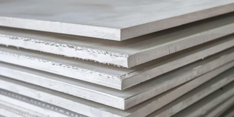 Close-up of a stack of white drywall sheets. Background for a building goods store. Finishing material for leveling walls.