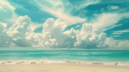 Obraz premium Beautiful Tropical Sea Beach with Blue Sky, White Clouds, and Reflection Summer Vacation Paradise Travel Landscape Wallpaper Background