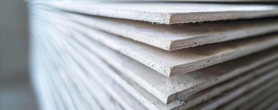 Close-up of a stack of white drywall sheets. Background for a building goods store. Finishing material for leveling walls.