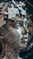 A shattered ceramic mind with puzzle pieces falling out, against a backdrop of a ticking clock, symbolizing the fragmentation under time pressure