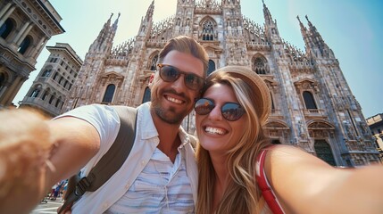 Obraz premium Happy couple taking selfie in front of Duomo cathedral in Milan, Lombardia - Two tourists having fun on romantic summer vacation in Italy - Holidays and traveling lifestyle concept 