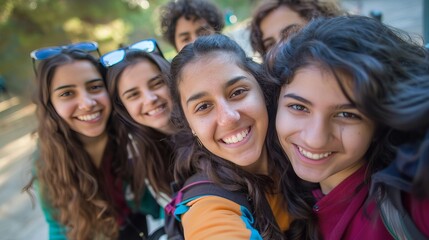 Obraz premium Happy female teenagers taking selfie outdoors - University students in college campus smiling together at camera - Technology and educational concept 