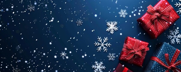 Dark blue background with red gift boxes and white snowflakes on the sides, creating an elegant winter banner for Christmas Generative AI