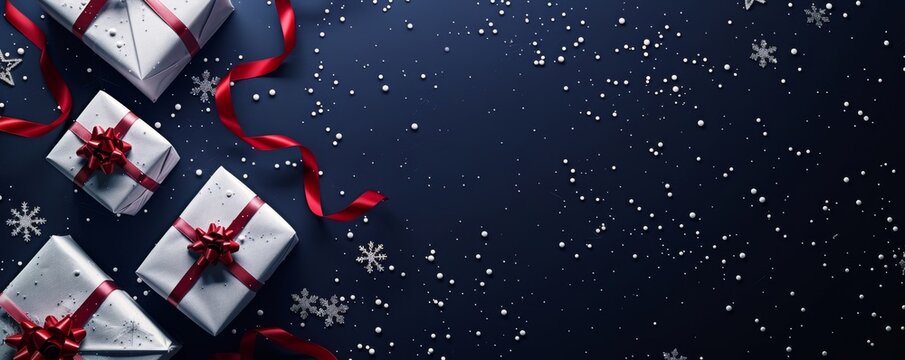 Dark blue background with white gift boxes and red ribbons on the sides, creating an elegant winter banner for Christmas Generative AI