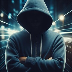 Person in a hooded sweatshirt, anonymous with face hidden, arms crossed, dark and blurred background with horizontal lines, in cold tones of dark blue and black, Generative Ai.
