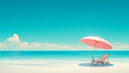 Pastel pink beach umbrella and chair on white sand at the sea side with copy space for summer vacation concept.