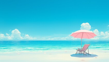 Fototapeta na wymiar Pastel pink beach umbrella and chair on white sand at the sea side with copy space for summer vacation concept.