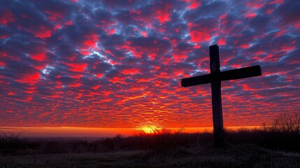 Empty Cross at Sunrise An empty cross silhouetted against a vibrant sunrise symbolizing hope and new beginnings Simple yet powerful image